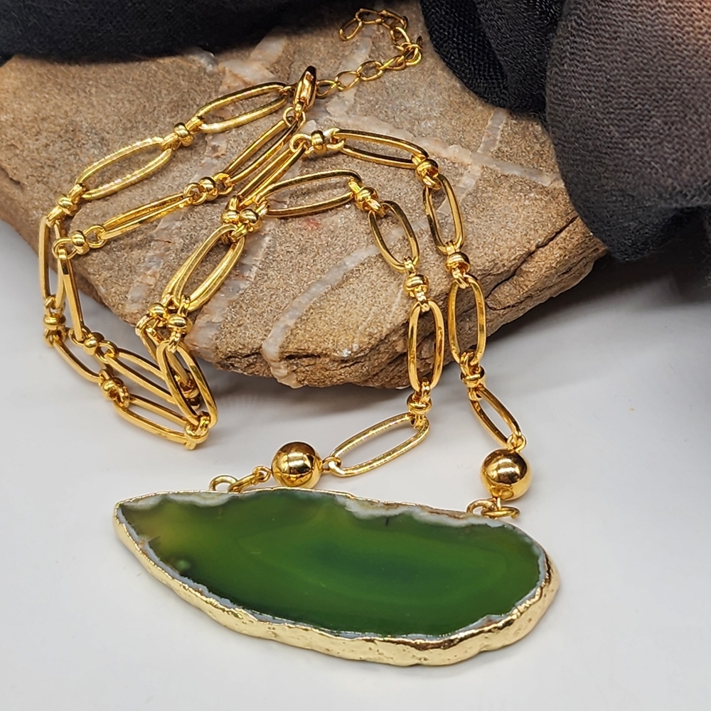 Boho Genuine Gold plated Raw Agate Stone Hypoallergenic Boho Necklace - Picture 6 of 13
